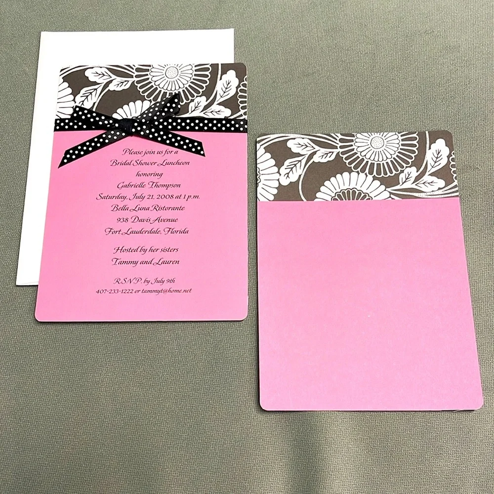BNIB VINTAGE MODERN FLORAL & PINK PANEL INVITATIONS WITH POLKA RIBBONS 3 SETS/30